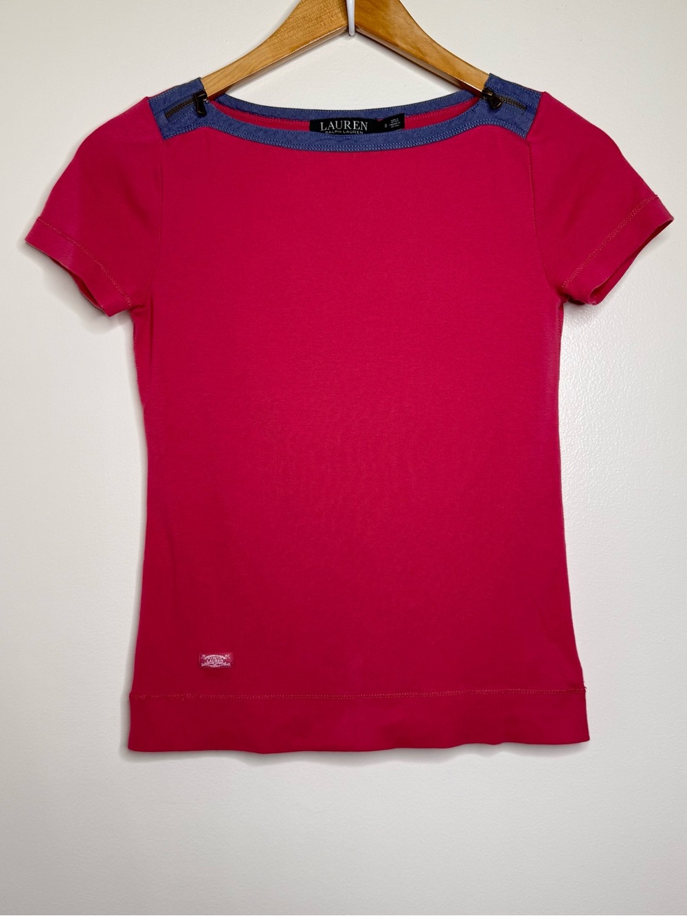 Lauren Ralph Lauren Short Sleeve Top Women’s Size Small Chambray Trim Cotton
